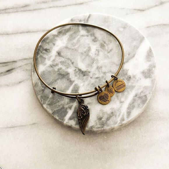 Alex and Ani Angel Wing Charm Bracelet Dark Bronze Gold Toned Metal Slide - Picture 1 of 3